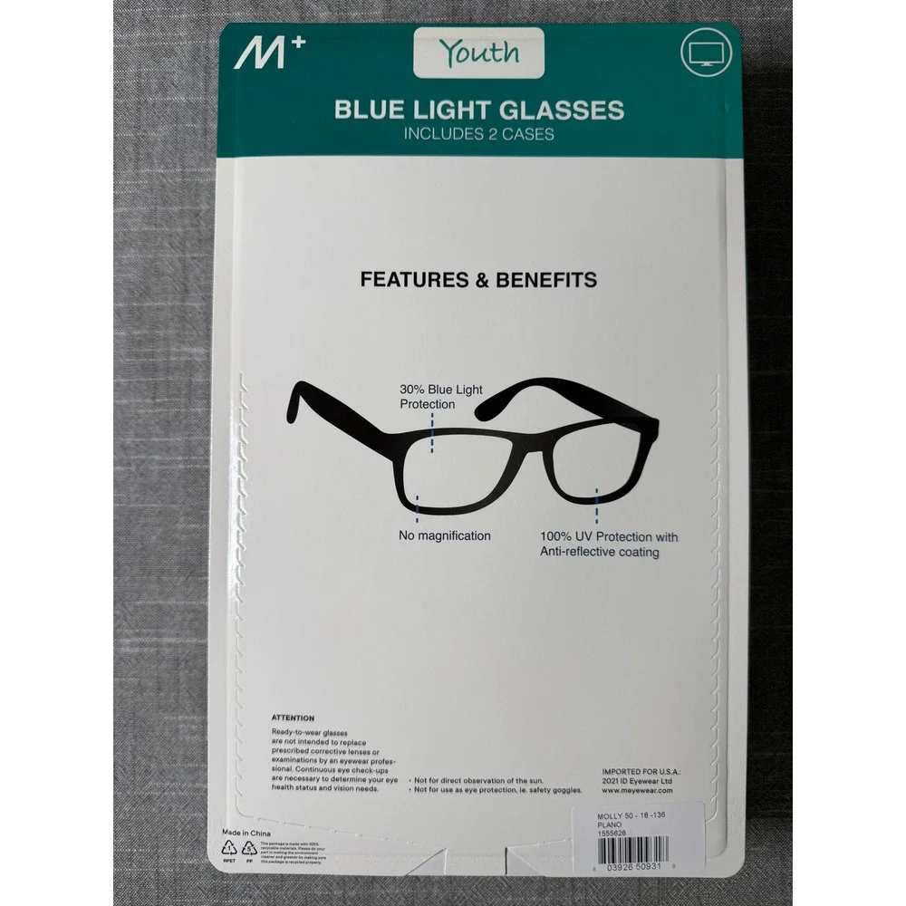 M+ Youth Blue Light Glasses 2 Pack Black and Pink Tortoise Cat Eye NEW